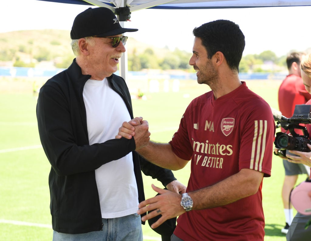 Arsenal owner Stan Kroenke with manager Mikel Arteta after a training session at the LA Rams Training Facility on July 24, 2023 in Thousands Oaks, ...