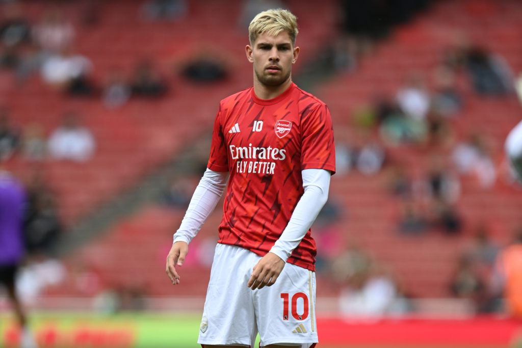 Emile Smith Rowe of Arsenal warms up before the Premier League match between Arsenal and Fulham at Emirates Stadium on August 26, 2023 in London, E...