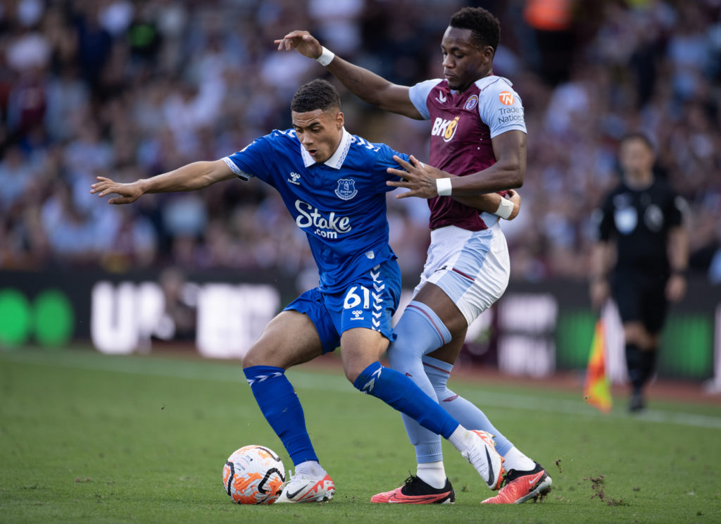 Lewis Dobbin of Everton and Jhon Duran of Aston Villa in action during the Premier League match between Aston Villa and Everton FC at Villa Park on...