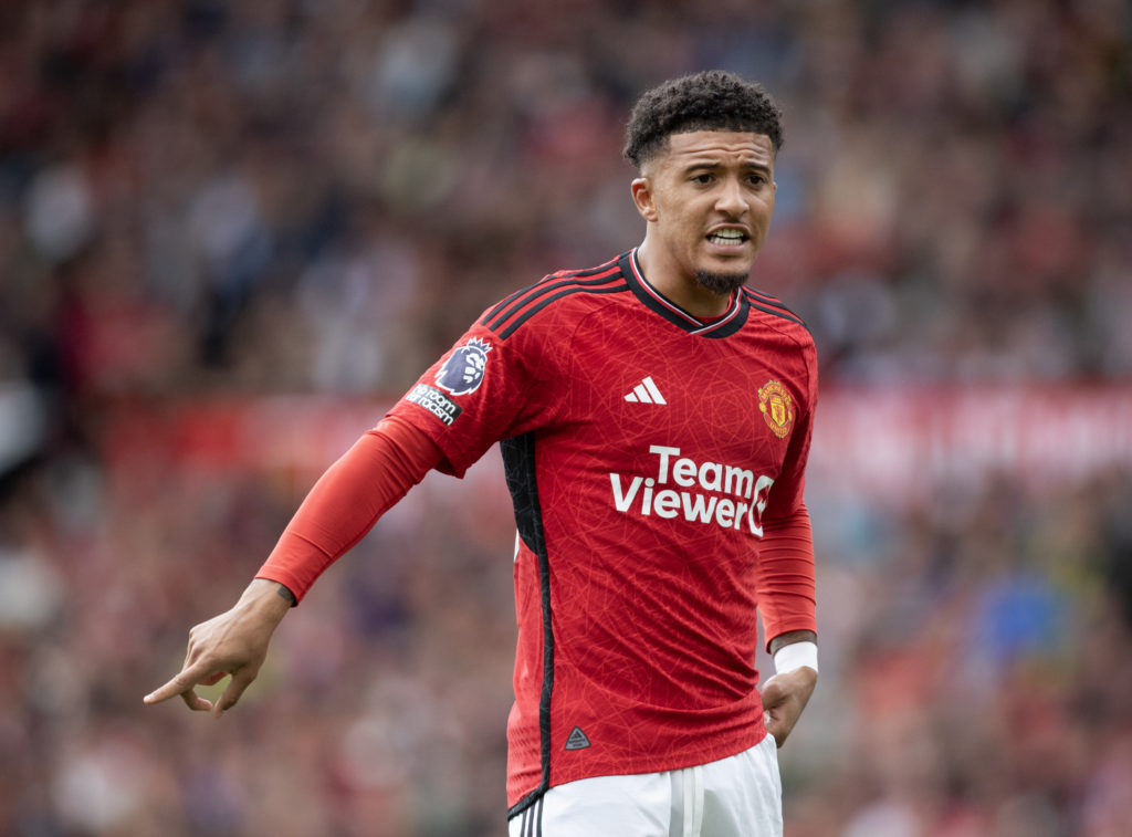 Jadon Sancho of Manchester United instructs team mates during the Premier League match between Manchester United and Nottingham Forest at Old Traff...