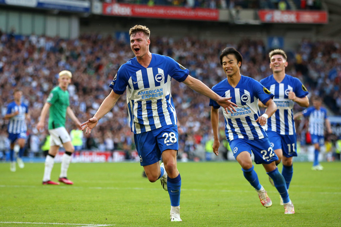 Evan Ferguson of Brighton & Hove Albion celebrates after scoring his and the team's third goal during the Premier League match between Brighton...