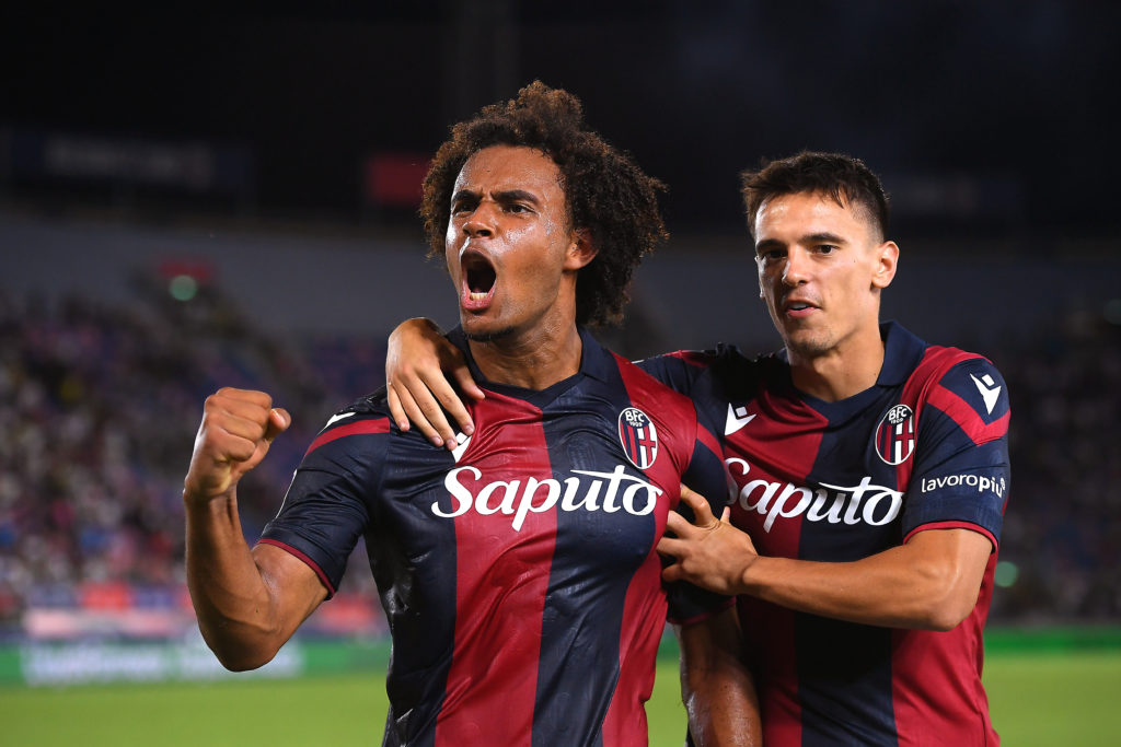Joshua Zirkzee of Bologna and teammate Riccardo Orsolini celebrate following the team's victory during the Serie A TIM match between Bologna FC and...