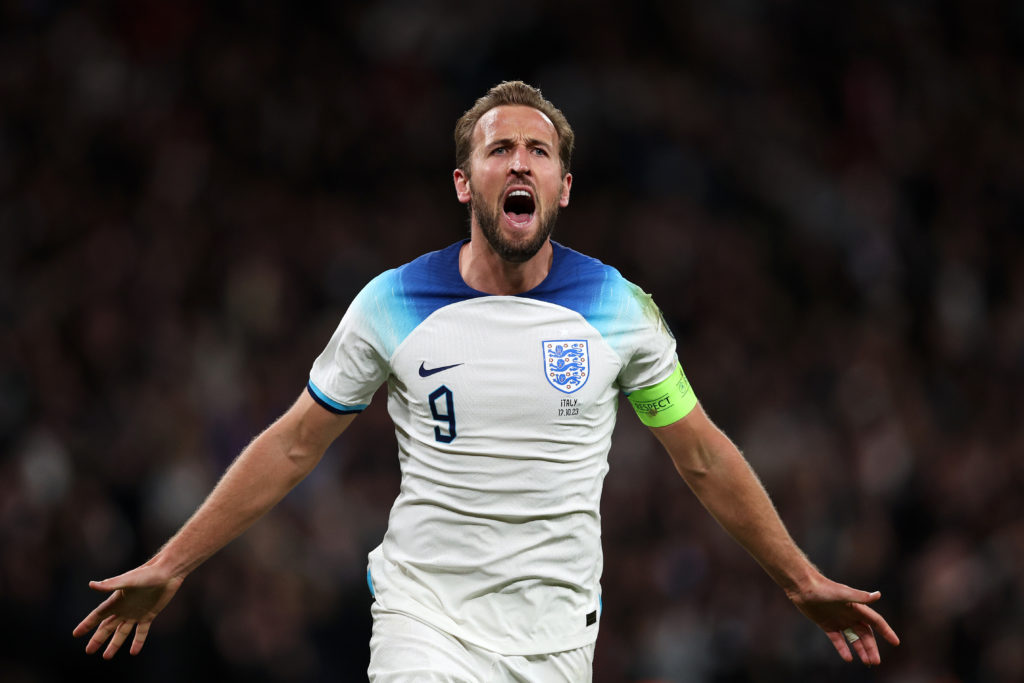 Harry Kane of England celebrates after scoring the team's third goal during the UEFA EURO 2024 European qualifier match between England and Italy a...