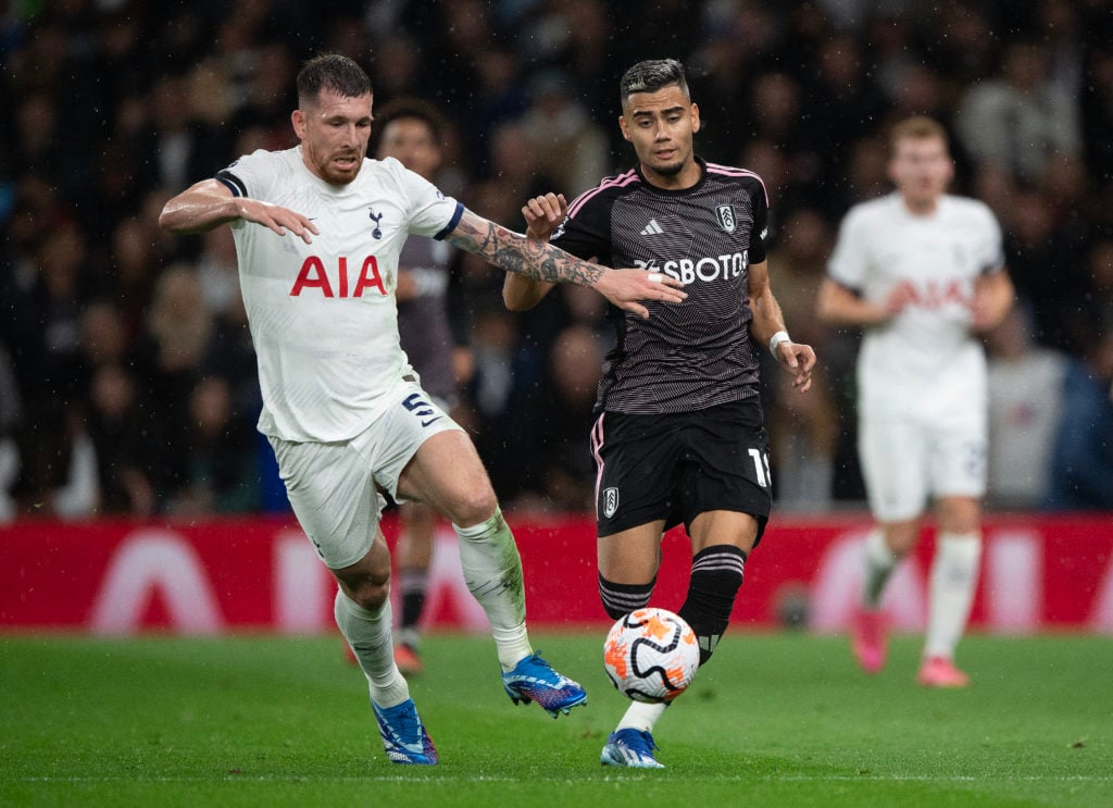Pierre-Emile Højbjerg of Tottenham Hotspur (left) and Andreas Pereira of Fulham during the Premier League match between Tottenham Hotspur and Fulha...