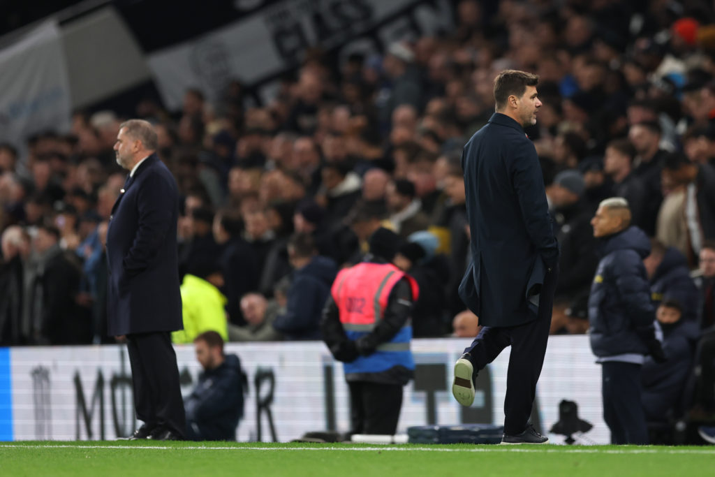 Ange Postecoglou the head coach / manager of Tottenham Hotspur and Mauricio Pochettino the head coach / manager of Chelsea during the Premier Leagu...