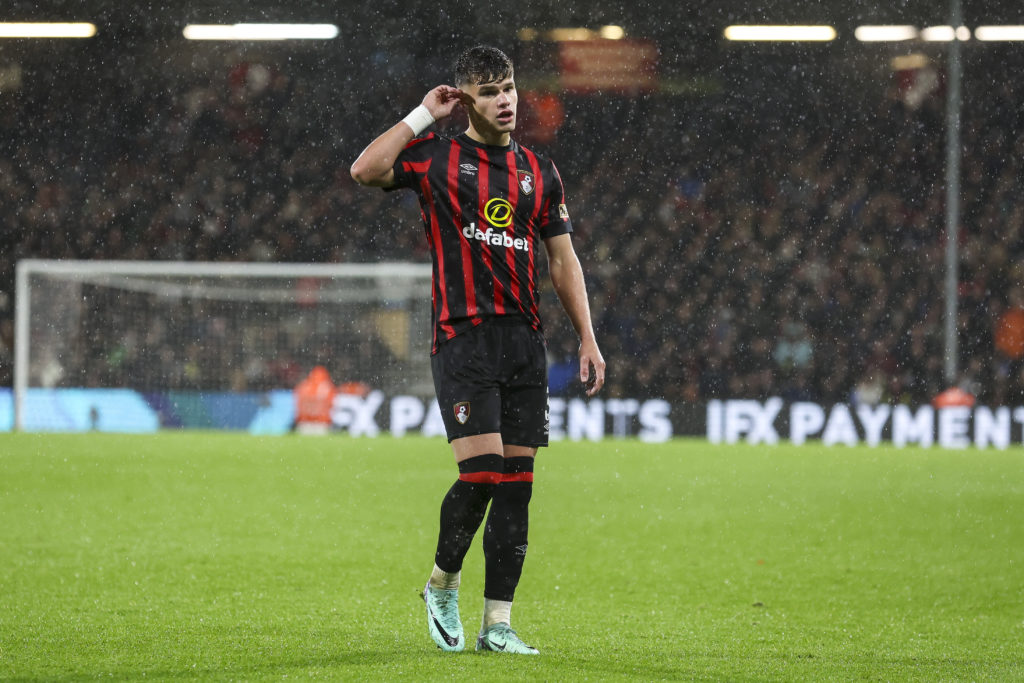 Milos Kerkez of Bournemouth during the Carabao Cup Fourth Round match between AFC Bournemouth and Liverpool at Vitality Stadium on November 01, 202...