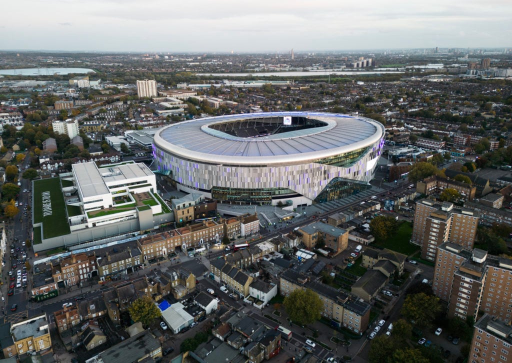 An aerial view of Tottenham Hotspur Stadium ahead of  the Premier League match between Tottenham Hotspur and Chelsea FC at Tottenham Hotspur Stadiu...