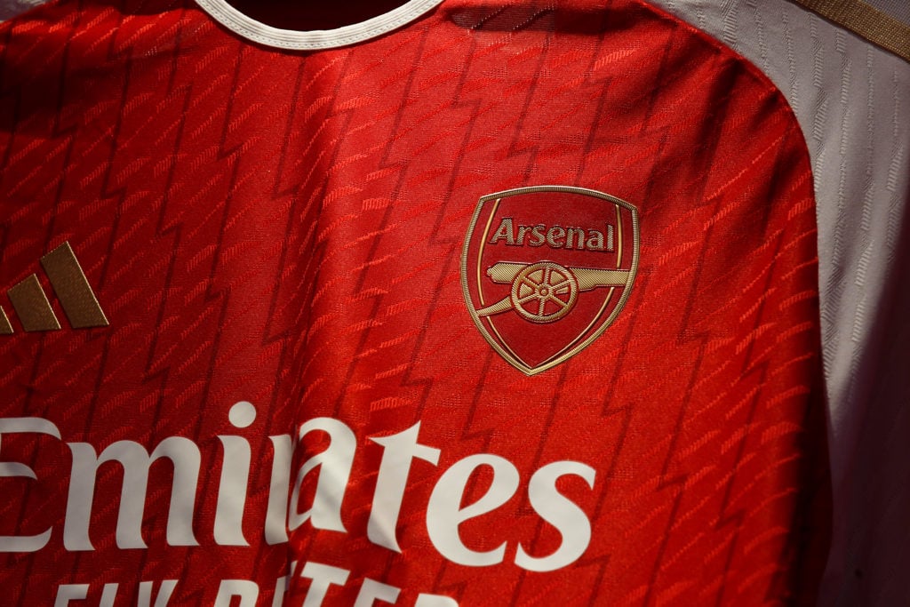 A detailed view of an Arsenal jersey inside the Arsenal dressing room prior to the UEFA Champions League match between Arsenal FC and Sevilla FC at...