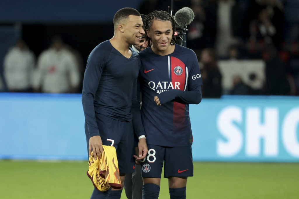 Kylian Mbappe and his brother Ethan Mbappe of PSG celebrate the victory following the Ligue 1 Uber Eats match between Paris Saint-Germain (PSG) and...