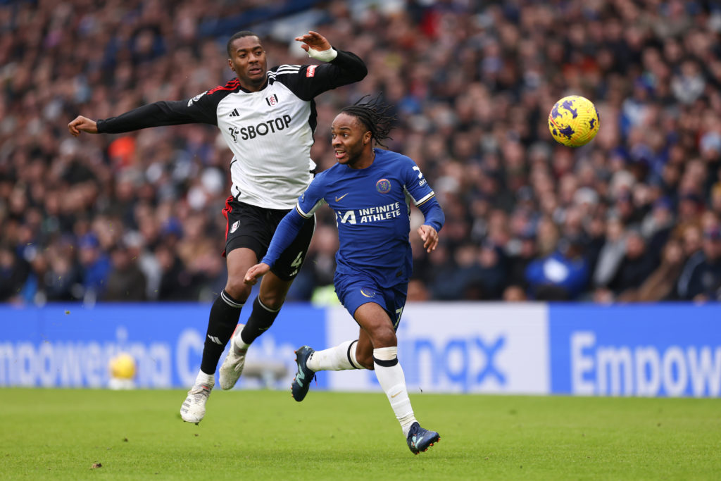 Raheem Sterling of Chelsea and Tosin Adarabioyo of Fulham during the Premier League match between Chelsea FC and Fulham FC at Stamford Bridge on Ja...