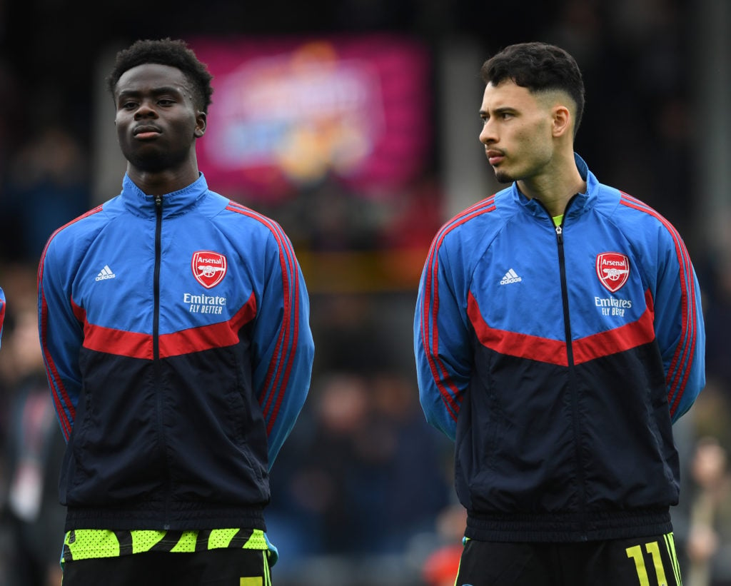 Bukayo Saka and Gabriel Martinelli of Arsenal before the Premier League match between Burnley FC and Arsenal FC at Turf Moor on February 17, 2024 i...