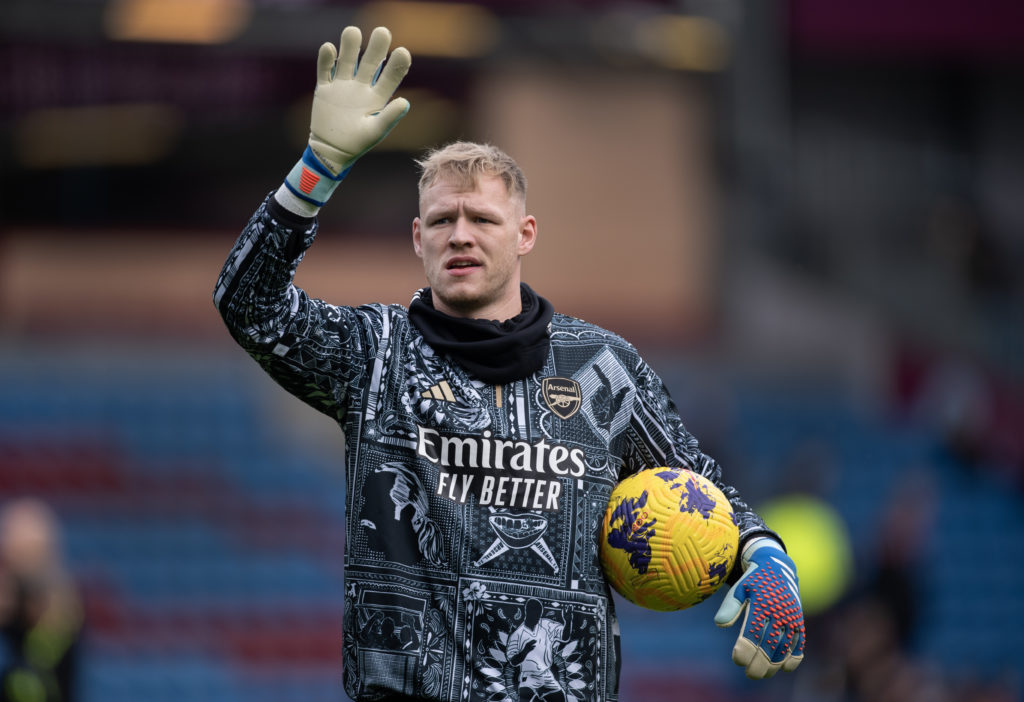 Arsenal goalkeeper Aaron Ramsdale warms up before the Premier League match between Burnley FC and Arsenal FC at Turf Moor on February 17, 2024 in B...