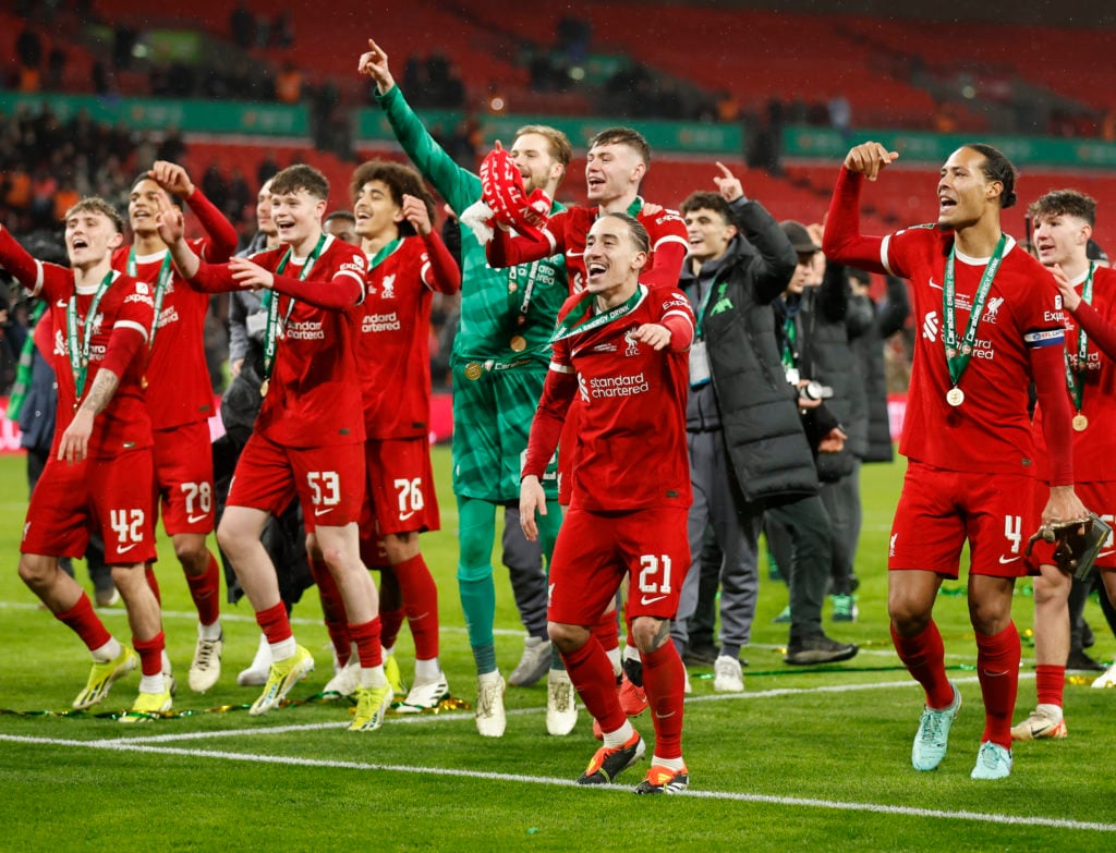 Liverpool players celebrate Carabao Cup Final win over Chelsea
