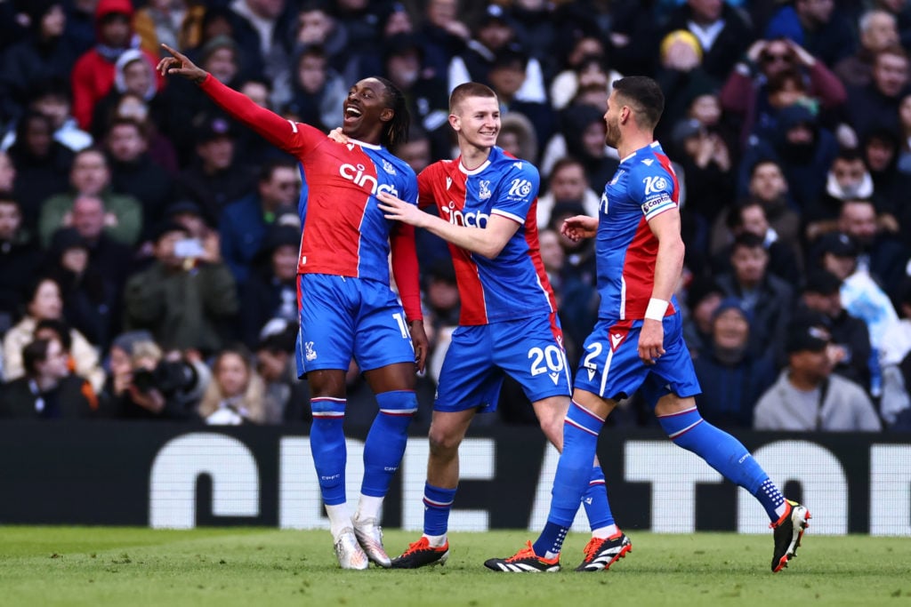 Eberechi Eze of Crystal Palace celebrates scoring the first goal with team mates during the Premier League match between Tottenham Hotspur and Crys...
