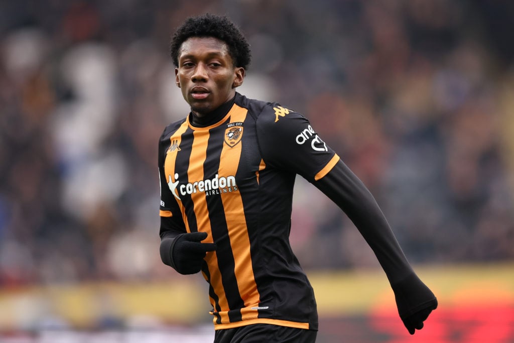 Jaden Philogene-Bidace of Hull City during the Sky Bet Championship match between Hull City and Leicester City at MKM Stadium on March 9, 2024 in H...