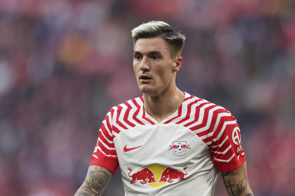 Benjamin Sesko of RB Leipzig looks on during the Bundesliga match between RB Leipzig and SV Darmstadt 98 at Red Bull Arena on March 09, 2024 in Lei...