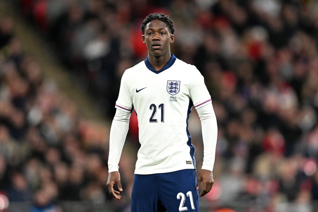 Kobbie Mainoo of England looks on during the international friendly match between England and Brazil at Wembley Stadium on March 23, 2024 in London...