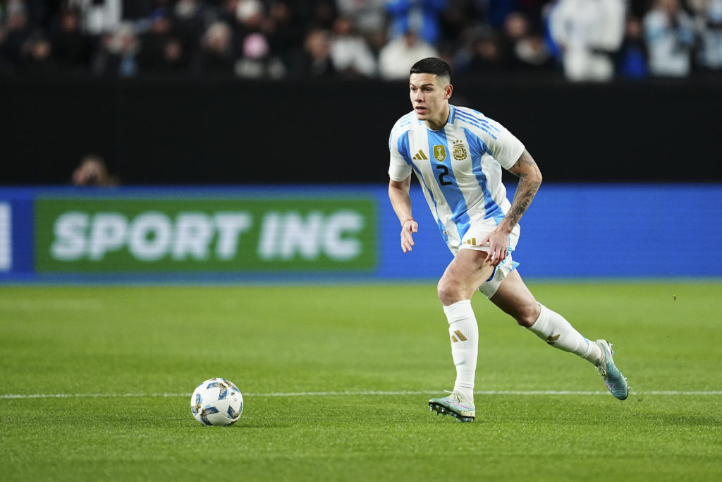 Nehuen Perez #2 of Argentina controls the ball against El Salvador during the international friendly at Lincoln Financial Field on March 22, 2024 i...