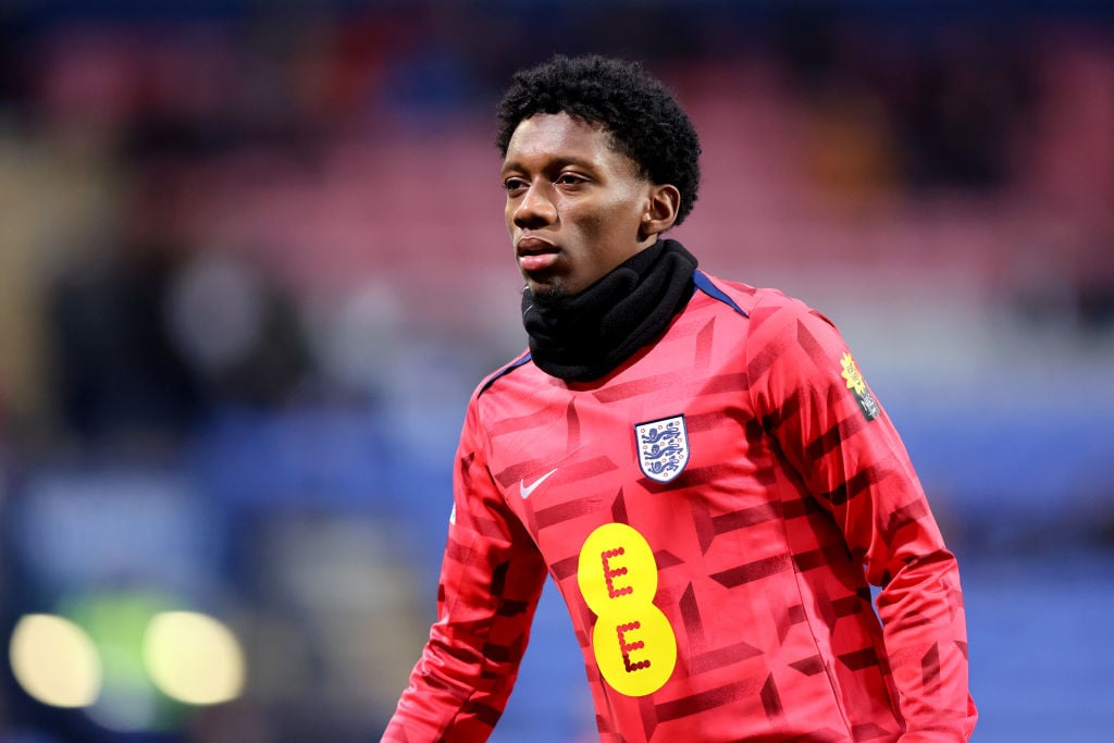 Jaden Philogene of England warms up prior to the UEFA U21 Euro 2025 Qualifier match between England and Luxembourg at Toughsheet Community Stadium ...
