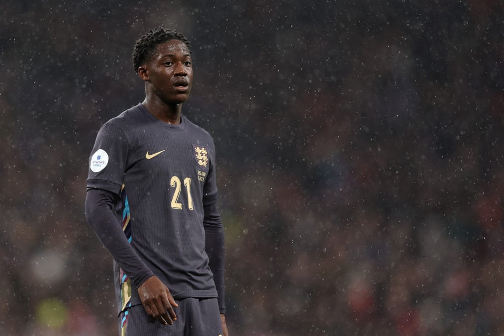 Kobbie Mainoo of England during the international friendly match between England and Belgium at Wembley Stadium on March 26, 2024 in London, England.