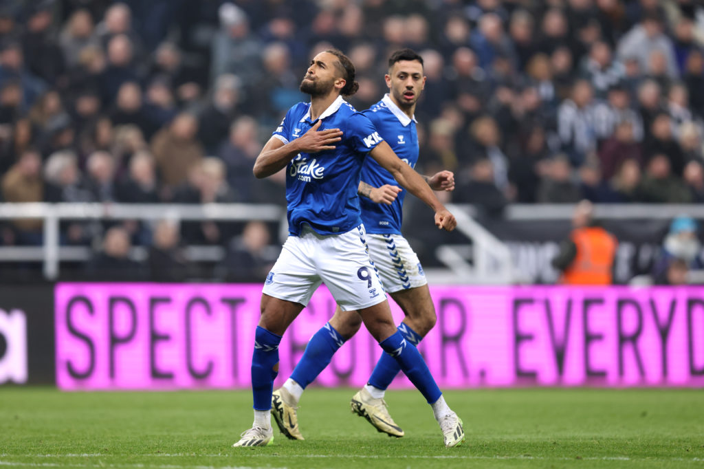 Dominic Calvert-Lewin of Everton celebrates scoring his team's first goal from a penalty kick during the Premier League match between Newcastle Uni...