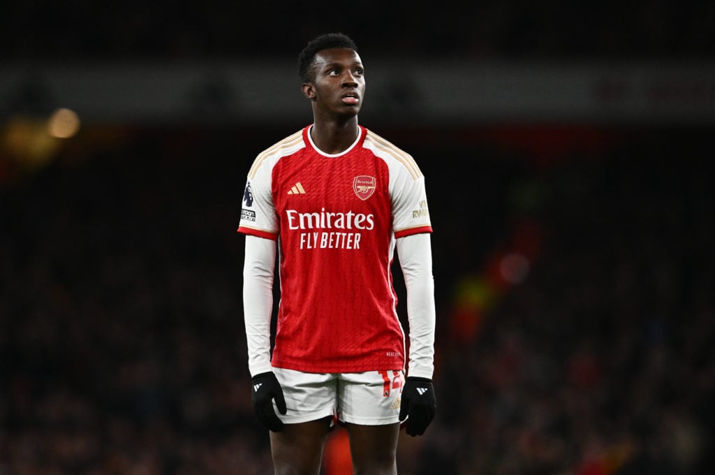 Eddie Nketiah of Arsenal FC during the Premier League match between Arsenal FC and Luton Town at Emirates Stadium on April 3, 2024 in London, England.