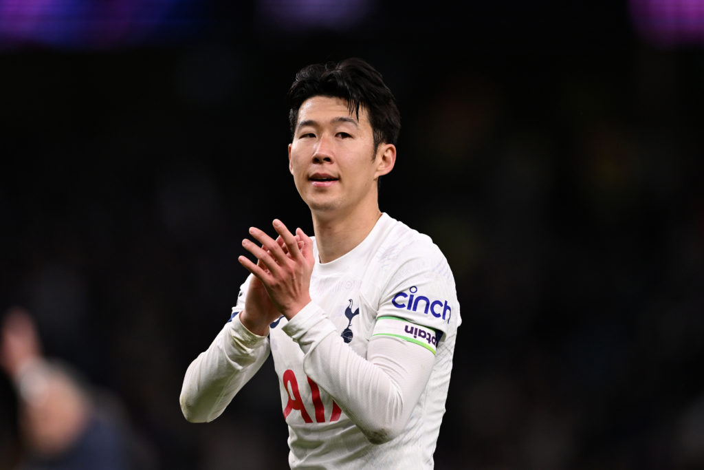 Son Heung-Min of Tottenham Hotspur celebrates following the team's victory in the Premier League match between Tottenham Hotspur and Nottingham For...