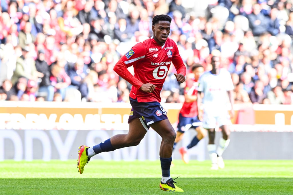 Jonathan DAVID of Lille during the Ligue 1 Uber Eats match between Lille and Strasbourg at Stade Pierre-Mauroy on April 21, 2024 in Lille, France.