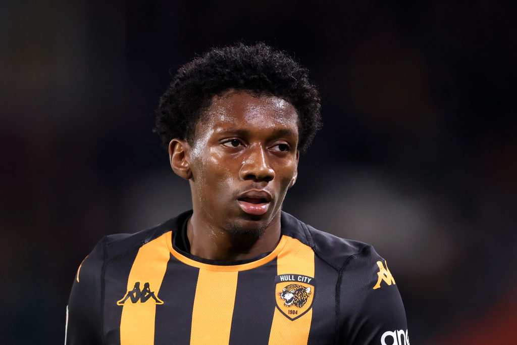 Jaden Philogene-Bidace of Hull City looks on during the Sky Bet Championship match between Hull City and Middlesbrough at MKM Stadium on April 10, ...