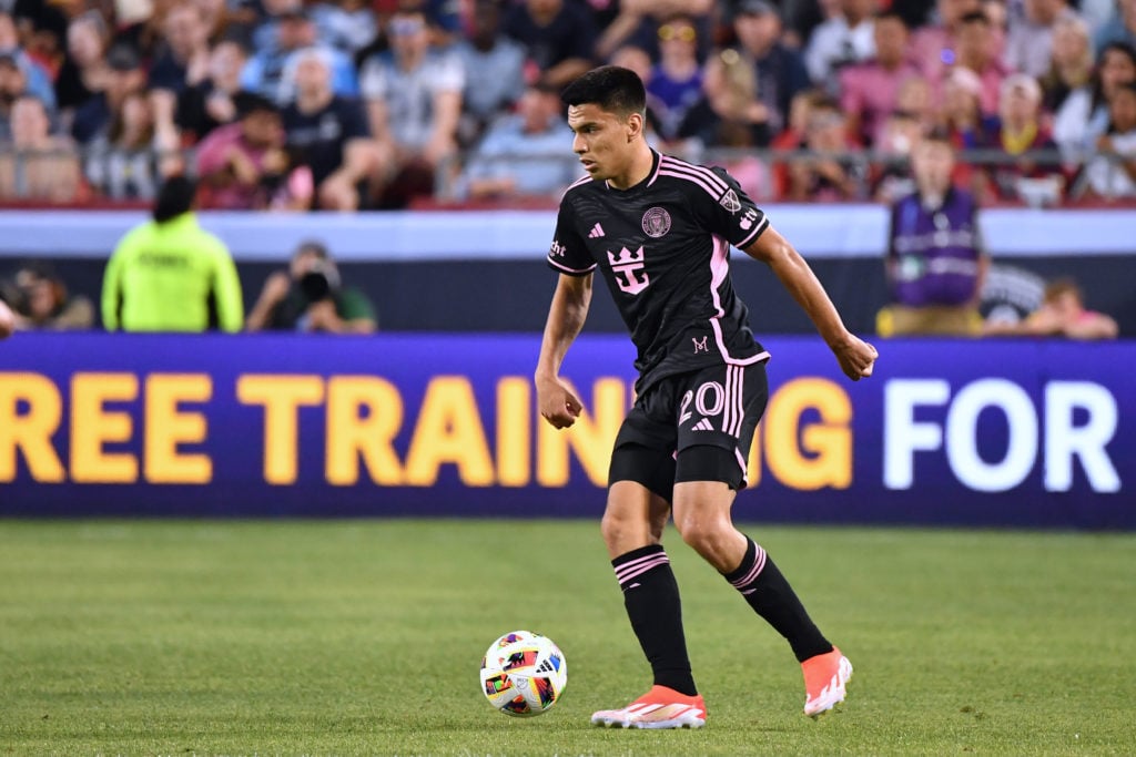 Diego Gomez #20 of Inter Miami CF with the ball during a game between Inter Miami CF and Sporting Kansas City at Arrowhead Stadium on April 13, 202...