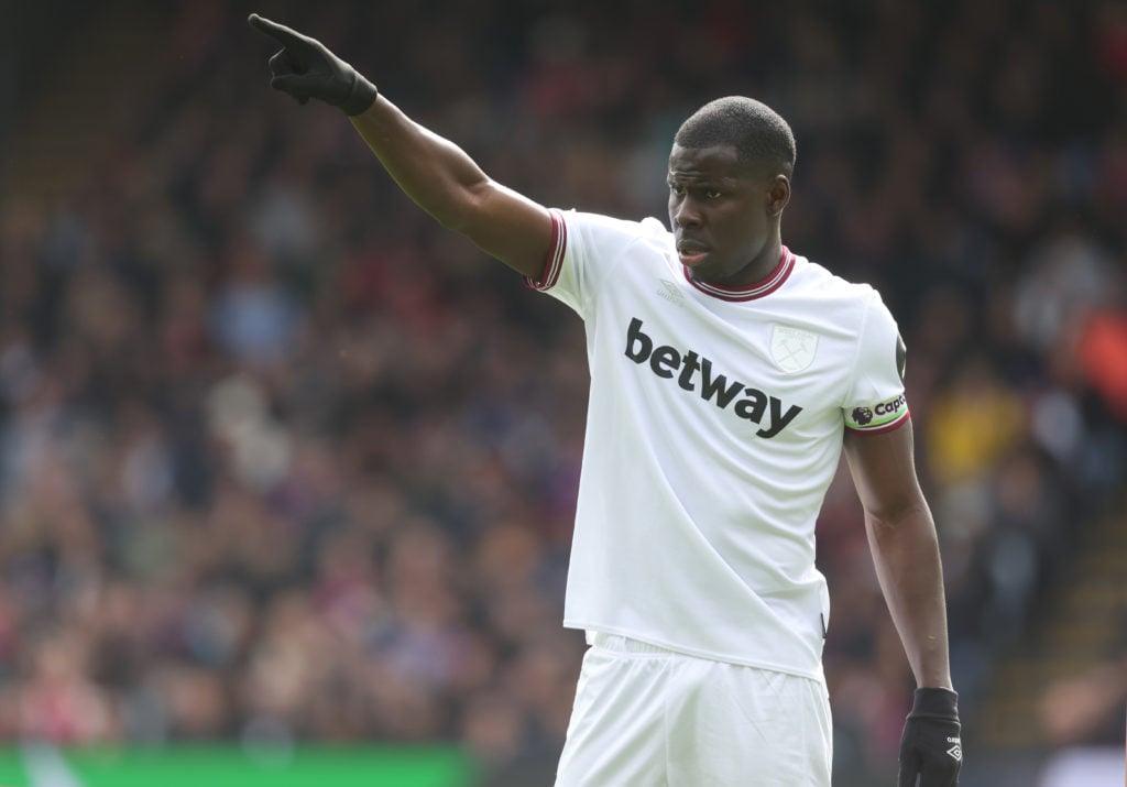 West Ham United's Kurt Zouma during the Premier League match between Crystal Palace and West Ham United at Selhurst Park on April 21, 2024 in Londo...