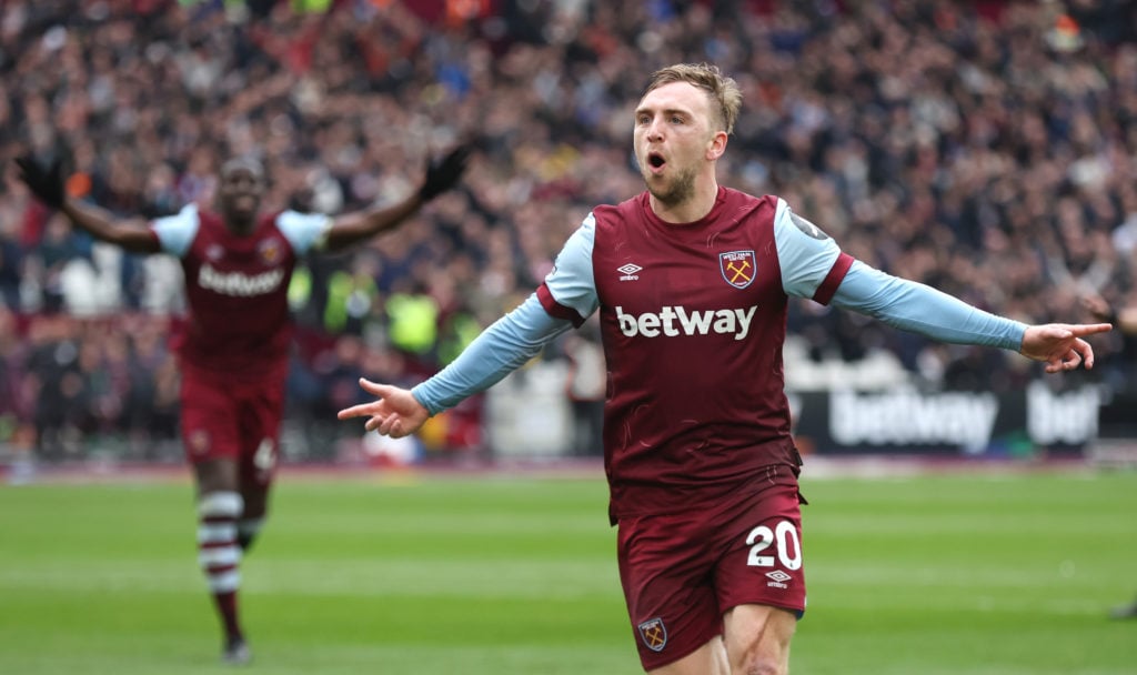 West Ham United's Jarrod Bowen celebrates scoring his side's first goal during the Premier League match between West Ham United and Liverpool FC at...