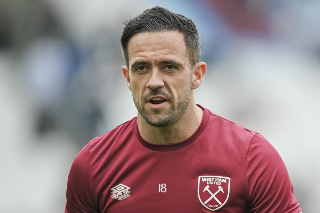 Danny Ings of West Ham United warms up before the Premier League match between West Ham United and Liverpool FC at London Stadium on April 27, 2024...