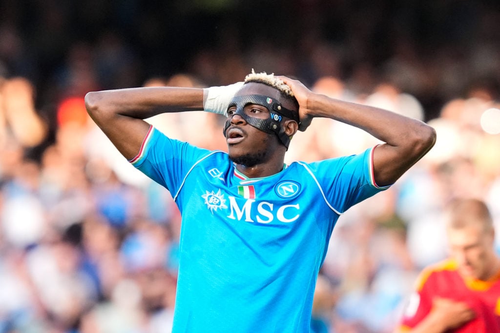Victor Osimhen of SSC Napoli looks dejected during the serie A TIM match between SSC Napoli and AS Roma at Stadio Diego Armando Maradona on April 2...