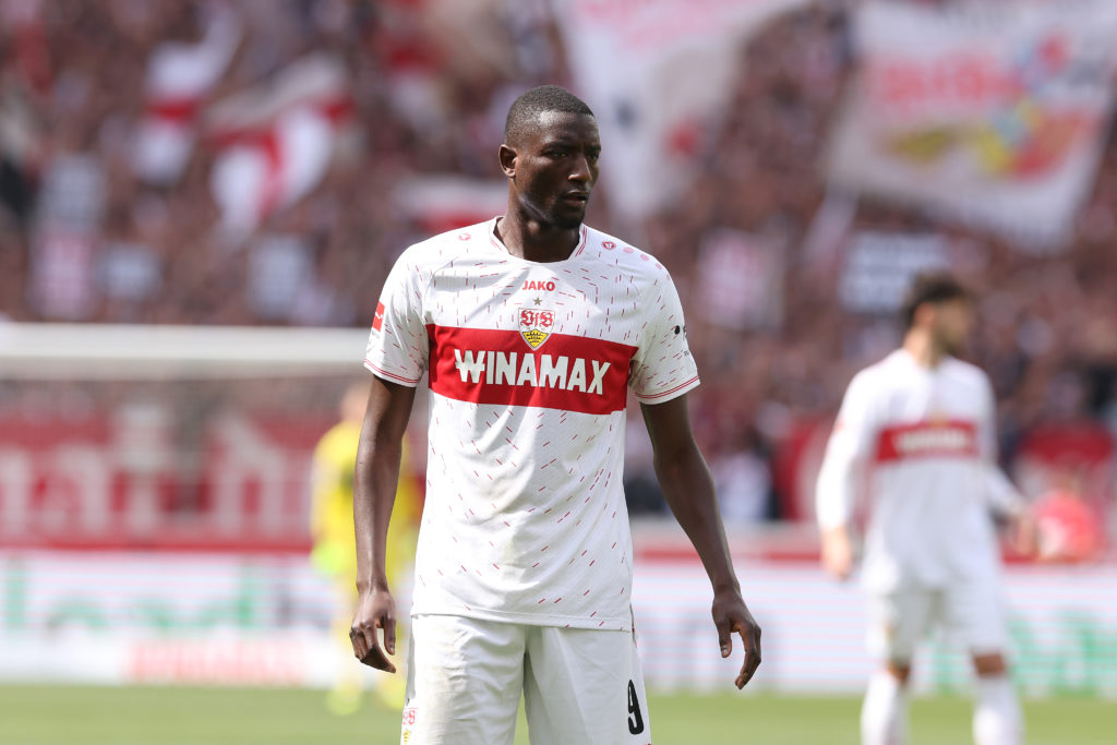 Serhou Guirassy of Stuttgart looks on during the Bundesliga match between VfB Stuttgart and FC Bayern München at MHPArena on May 04, 2024 in Stuttg...