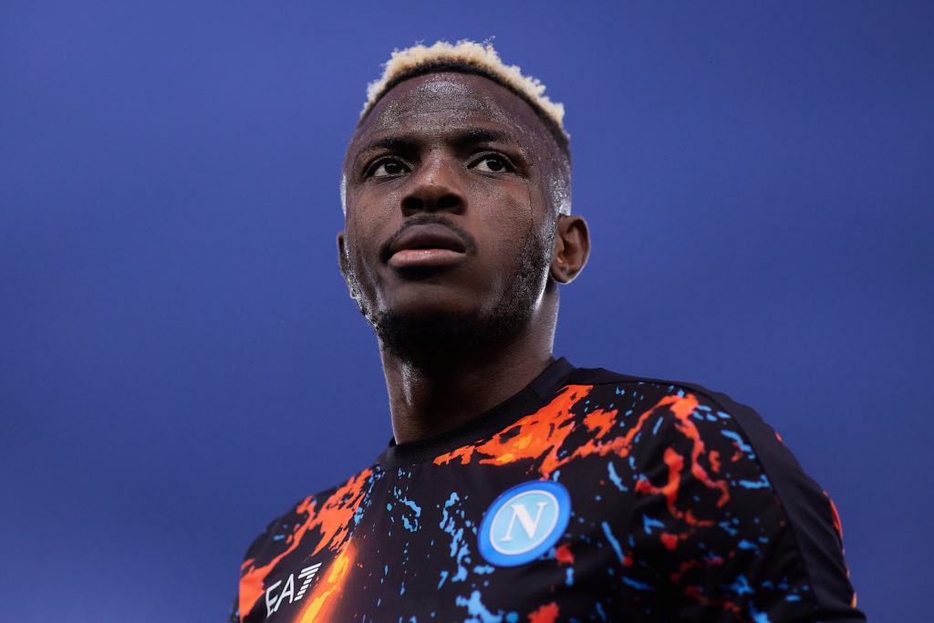 Victor Osimhen of Napoli SSC looks on prior to the Serie A TIM match between Udinese Calcio and SSC Napoli at Stadio Friuli on May 06, 2024 in Udin...