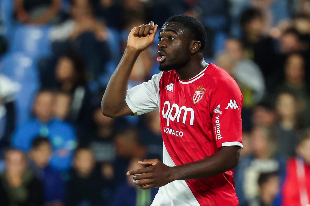 Monaco's French midfielder #19 Youssouf Fofana celebrates after scoring his team's second goal during the French L1 football match between Montpell...