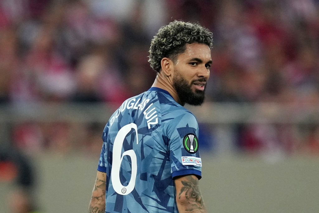 Douglas Luiz of Aston Villa looks on during the UEFA Europa Conference League 2023/24 Semi-Final second leg match between Olympiacos FC and Aston V...
