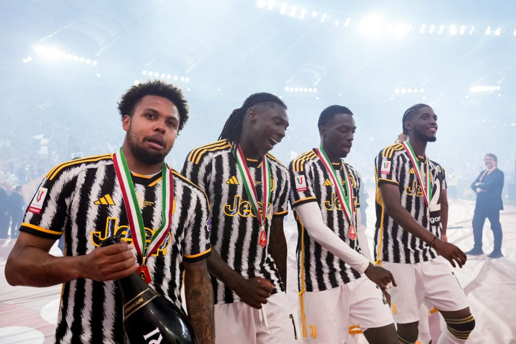 Weston McKennie, Moise Kean,Timothy Weah and Samuel Iling-Junior of Juventus FC celebrate the victory of the trophy at the end of the Coppa Italia ...