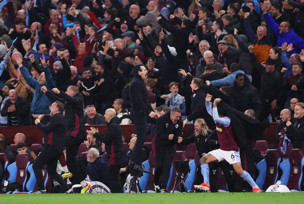 Unai Emery, Manager of Aston Villa, celebrates his team's third goal, scored by Jhon Duran during the Premier League match between Aston Villa and ...