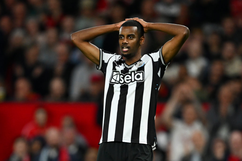 Alexander Isak of Newcastle United reacts after a missed chance during the Premier League match between Manchester United and Newcastle United at O...