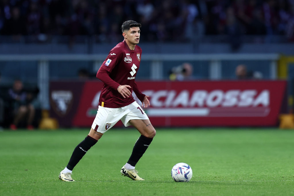Raoul Bellanova of Torino Fc controls the ball during the Serie A TIM match between Torino FC and AC Milan at Stadio Olimpico di Torino on May 18, ...