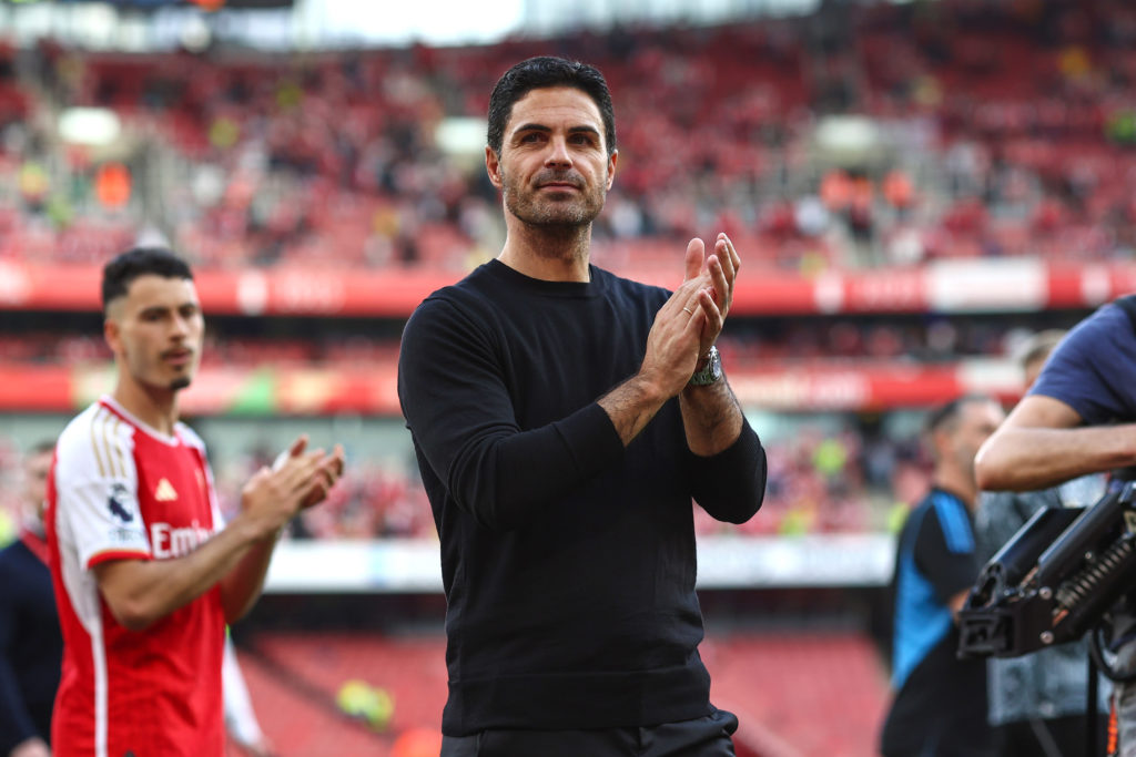 Arsenal manager Mikel Arteta during the Premier League match between Arsenal FC and Everton FC at Emirates Stadium on May 19, 2024 in London, England.