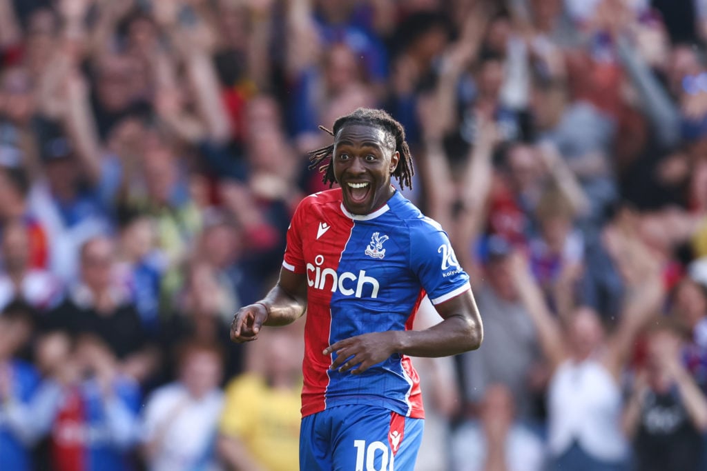 Eberechi Eze of Crystal Palace celebrates their fifth goal during the Premier League match between Crystal Palace and Aston Villa at Selhurst Park ...