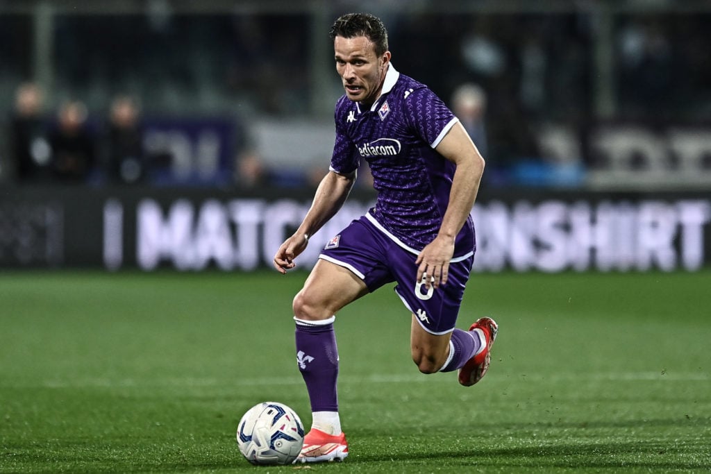 Arthur Melo of ACF Fiorentina in action during the Serie A TIM match between ACF Fiorentina and AC Monza at Stadio Artemio Franchi on May 13, 2024 ...