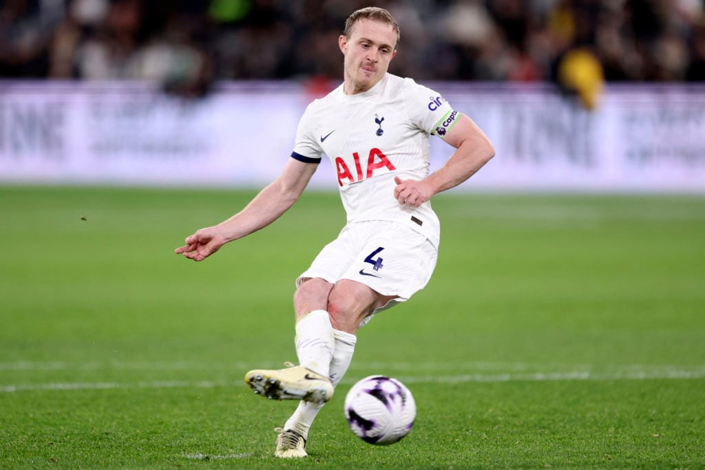 Tottenham Hotspur's Oliver Skipp scores a goal in the penalty shootout during the football friendly match between Tottenham Hotspur and Newcastle U...