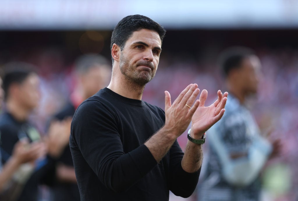 Mikel Arteta, Manager of Arsenal, applauds the fans following the Premier League match between Arsenal FC and Everton FC at Emirates Stadium on May...