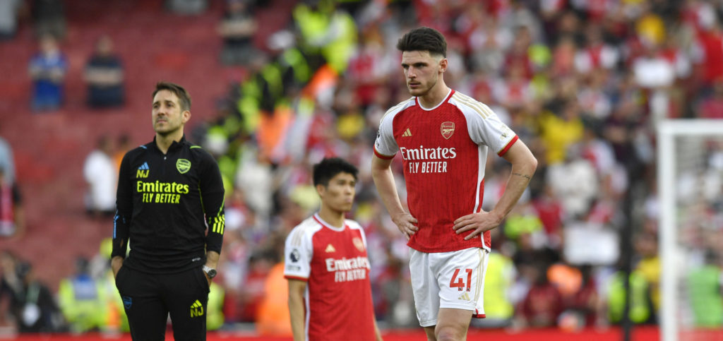 Declan Rice of Arsenal looks dejected following the Premier League match between Arsenal FC and Everton FC at Emirates Stadium on May 19, 2024 in L...