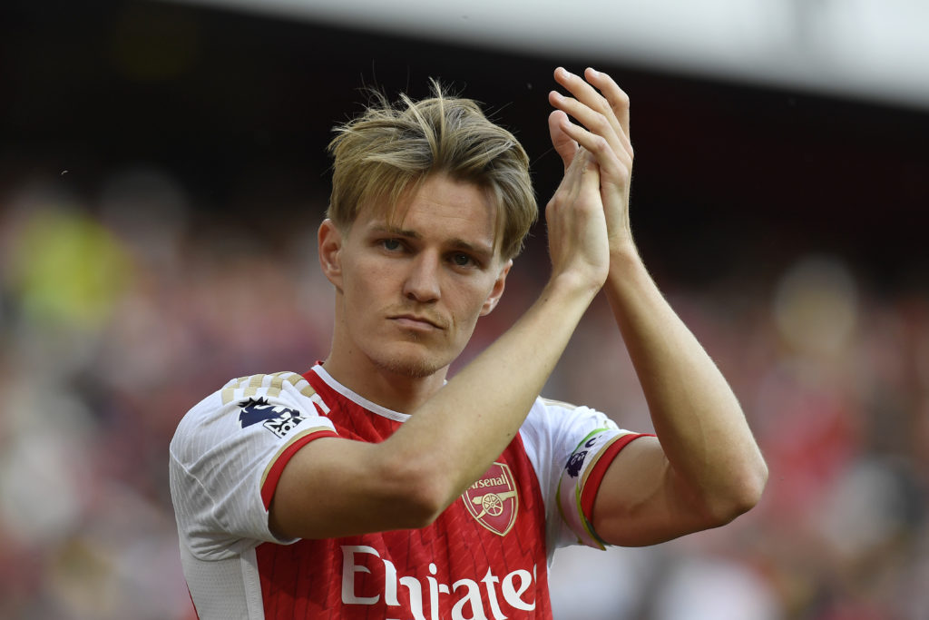 Martin Odegaard of Arsenal applauds the fans after the team's victory during the Premier League match between Arsenal FC and Everton FC at Emirates...