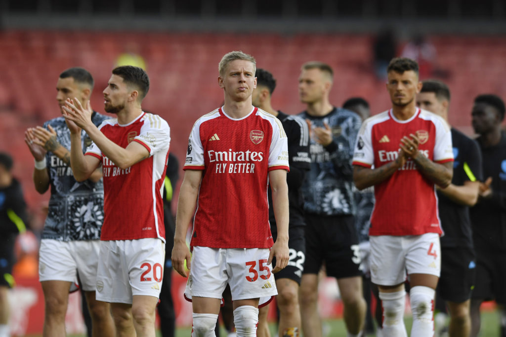 Oleksandr Zinchenko of Arsenal looks dejected following the Premier League match between Arsenal FC and Everton FC at Emirates Stadium on May 19, 2...